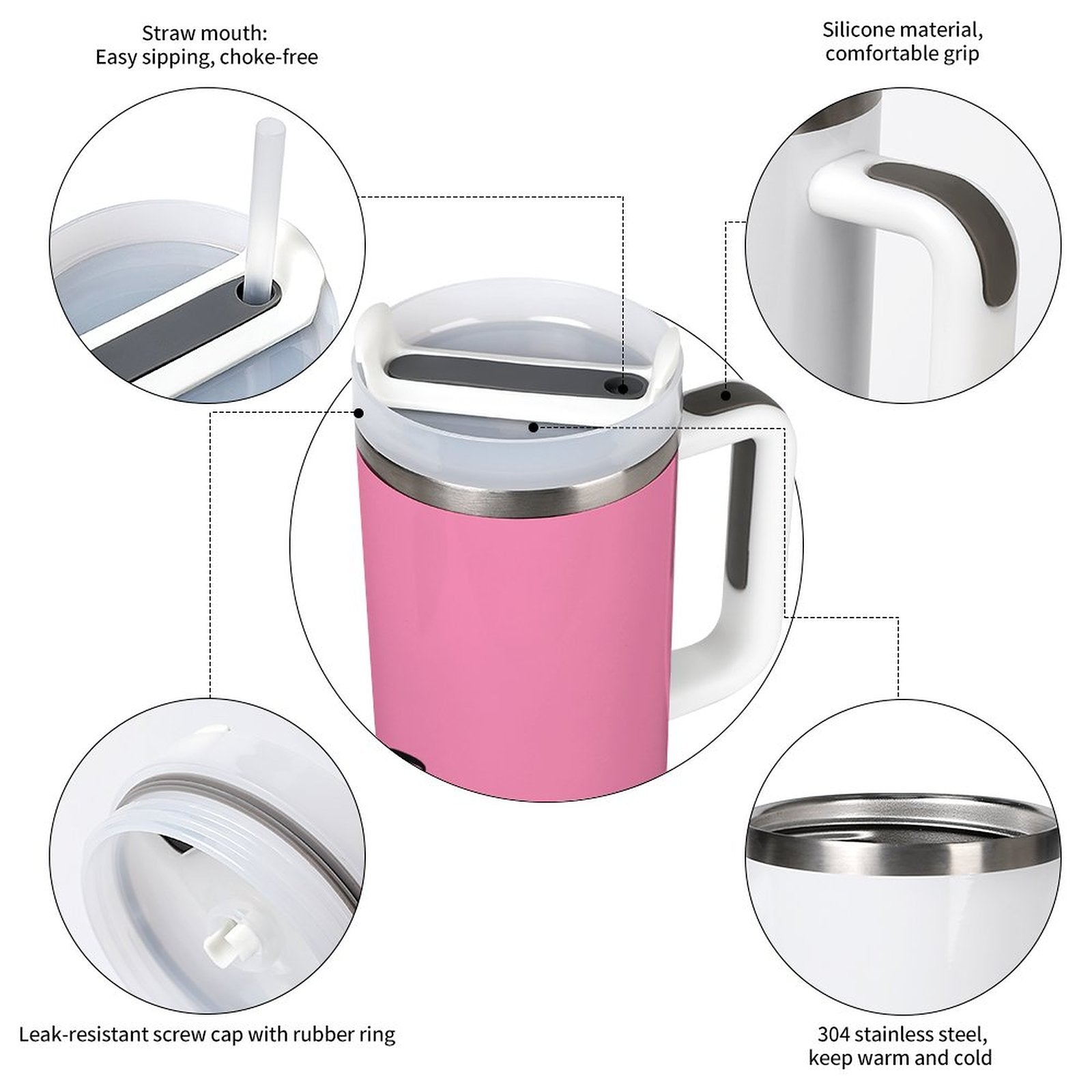 Pink Insulated Tumbler with Handle – Large Capacity Travel Mug