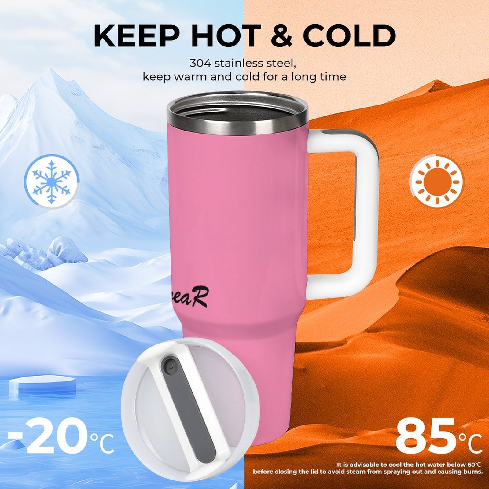 Pink Insulated Tumbler with Handle – Large Capacity Travel Mug