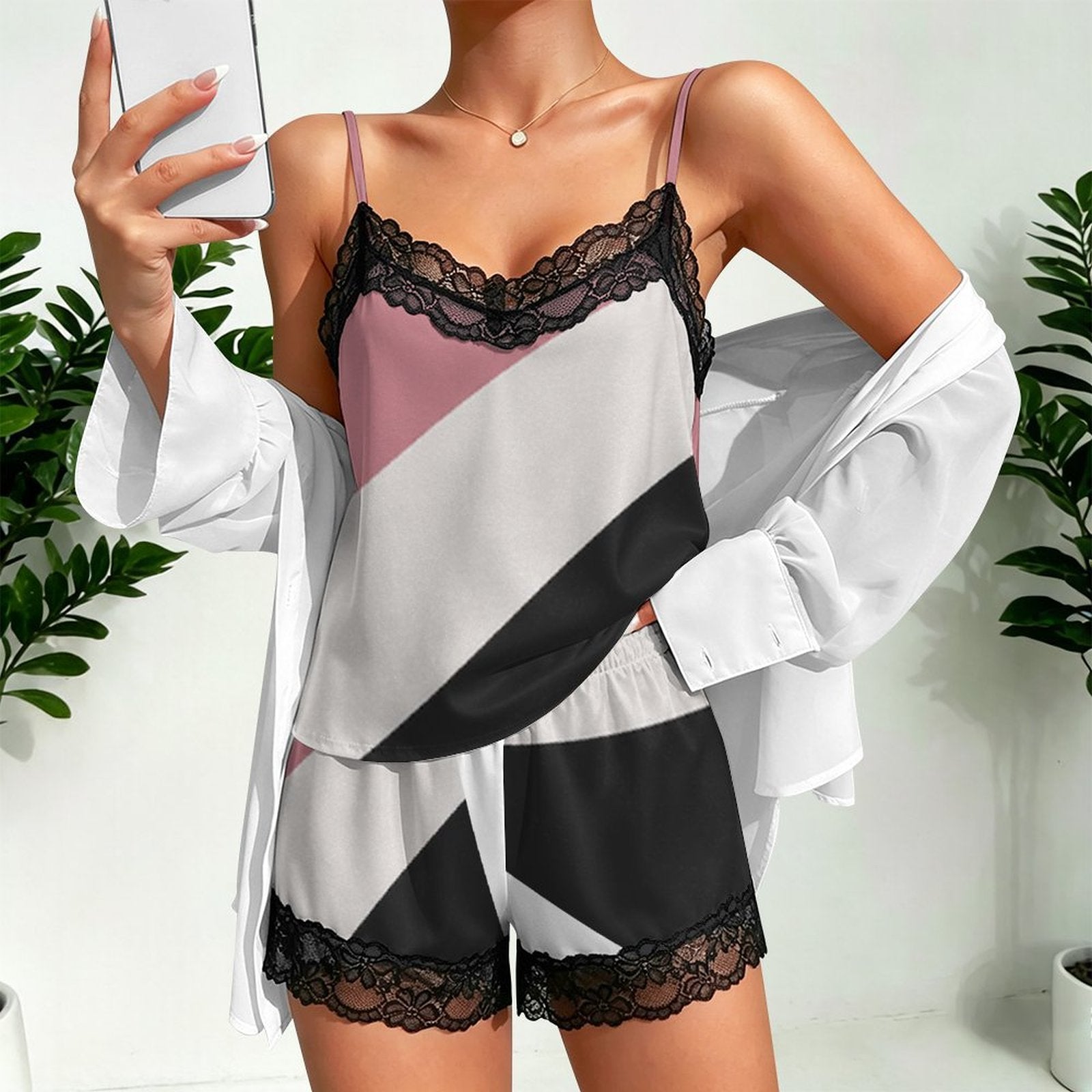 Women's Lace Trim Satin Pajama Set